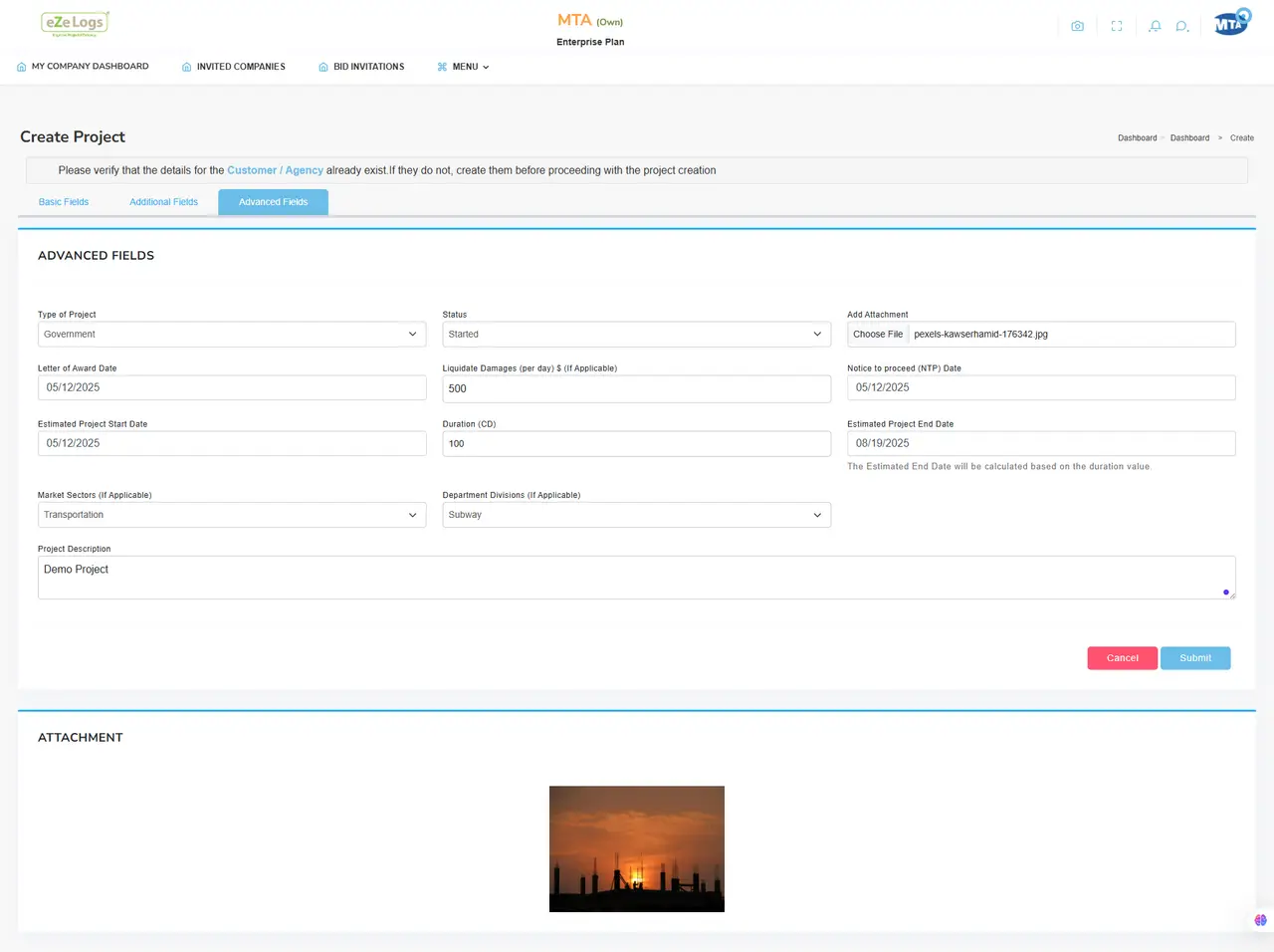 Ezelogs project setup after award with letter of award and NTP fields