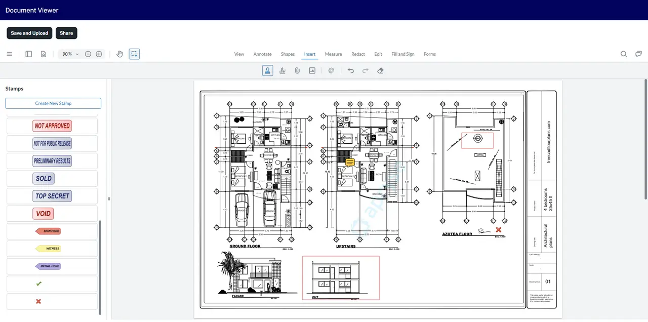 Ezelogs document viewer showing architectural drawings used for quantity takeoff context